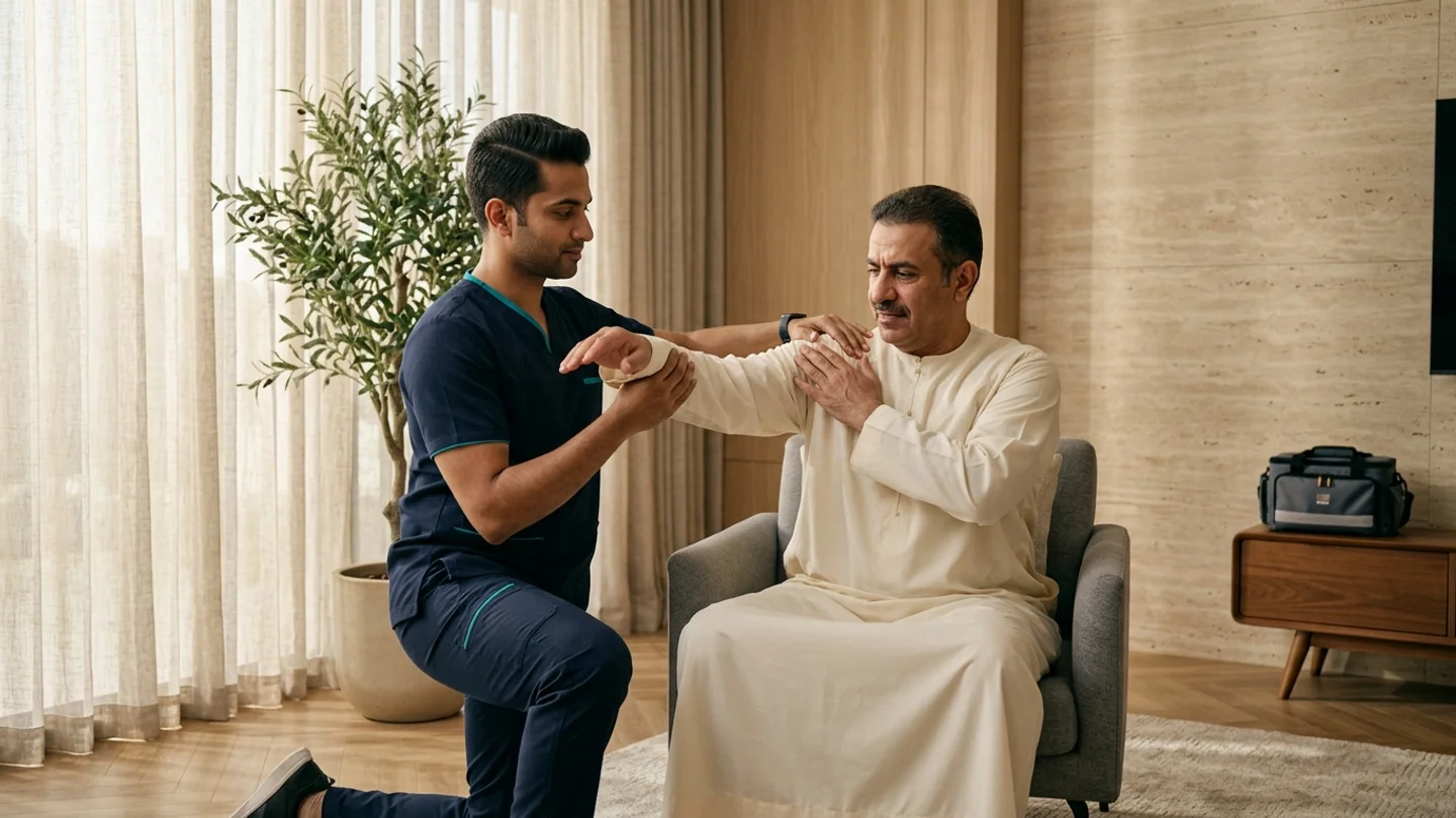 جلسة علاج طبيعي منزلي في غرفة معيشة كويتية حديثة توضح أخصائي علاج طبيعي يوجه مريضًا بالغًا خلال تمارين الكتف والذراع