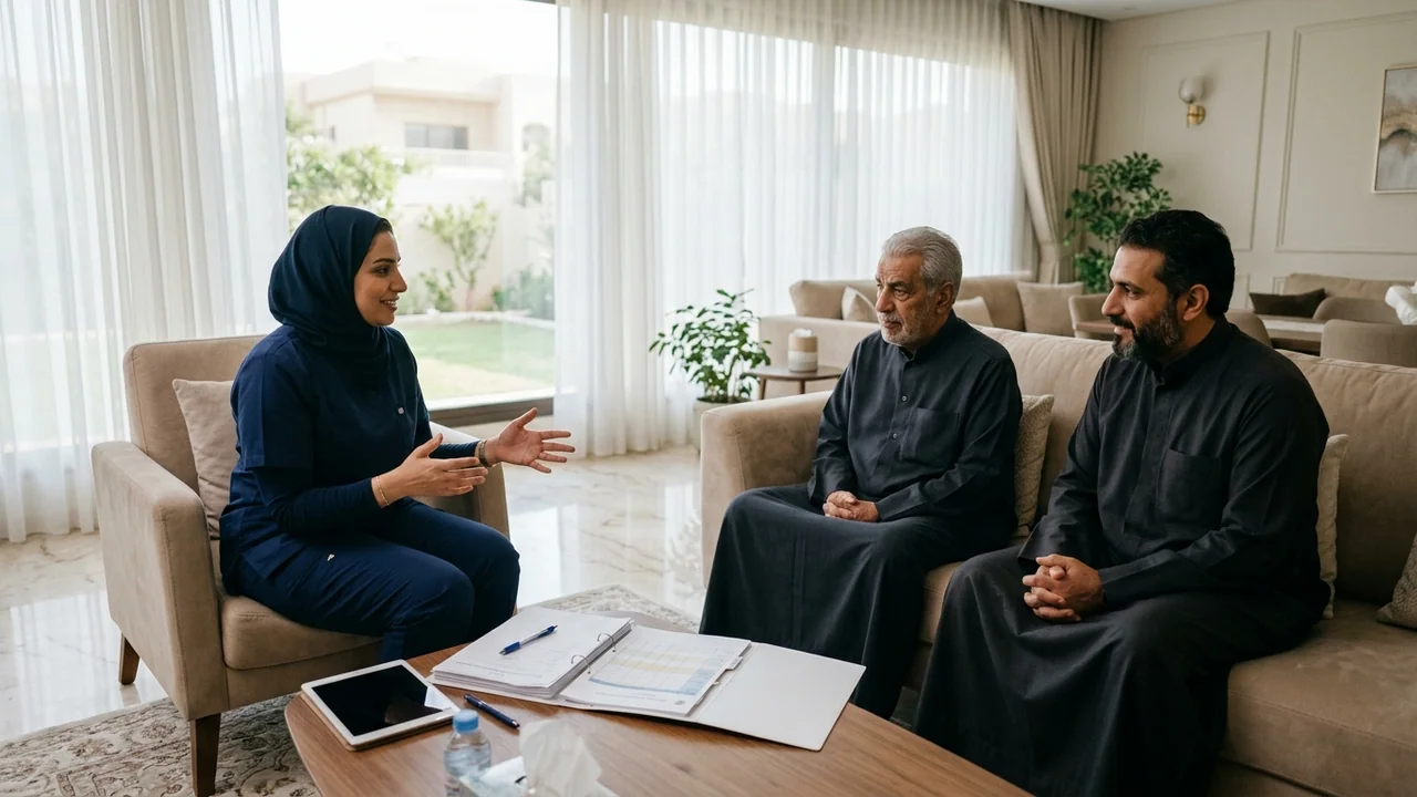 تنسيق خطة الرعاية المنزلية مع المريض وأسرته في غرفة معيشة كويتية بعد الخروج من المستشفى