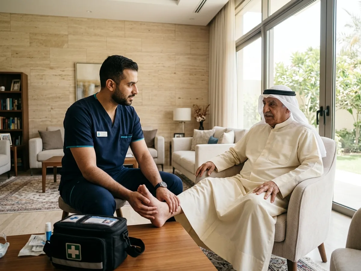 أخصائي علاج طبيعي منزلي يقدم جلسة تأهيل حركي داخل منزل عائلي في محافظة الجهراء بالكويت