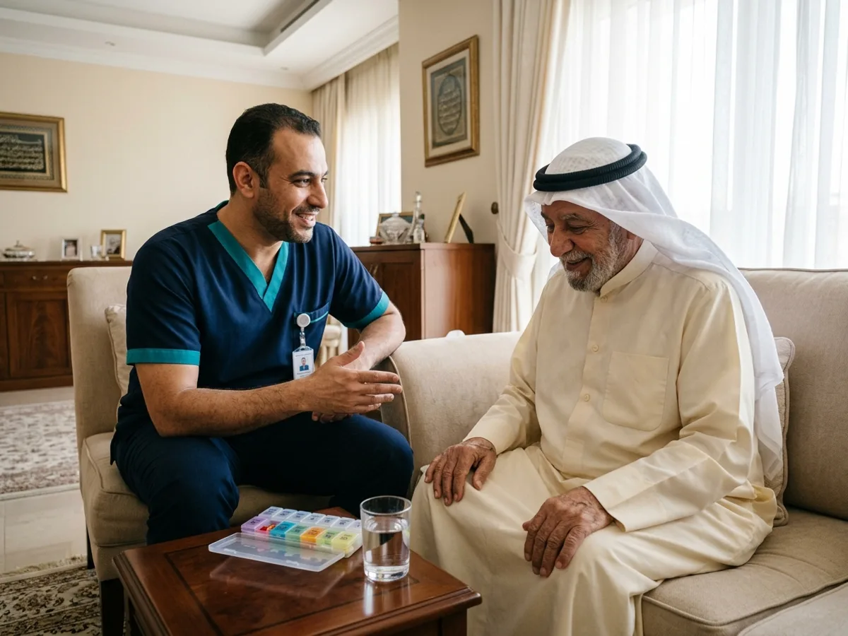ممرض منزلي مرخص يراجع جدول الأدوية والمؤشرات الصحية لمسن كويتي داخل غرفة معيشة منزلية مشمسة — برنامج رعاية كبار السن الشاملة في المنزل بالكويت (تمريض + علاج طبيعي)