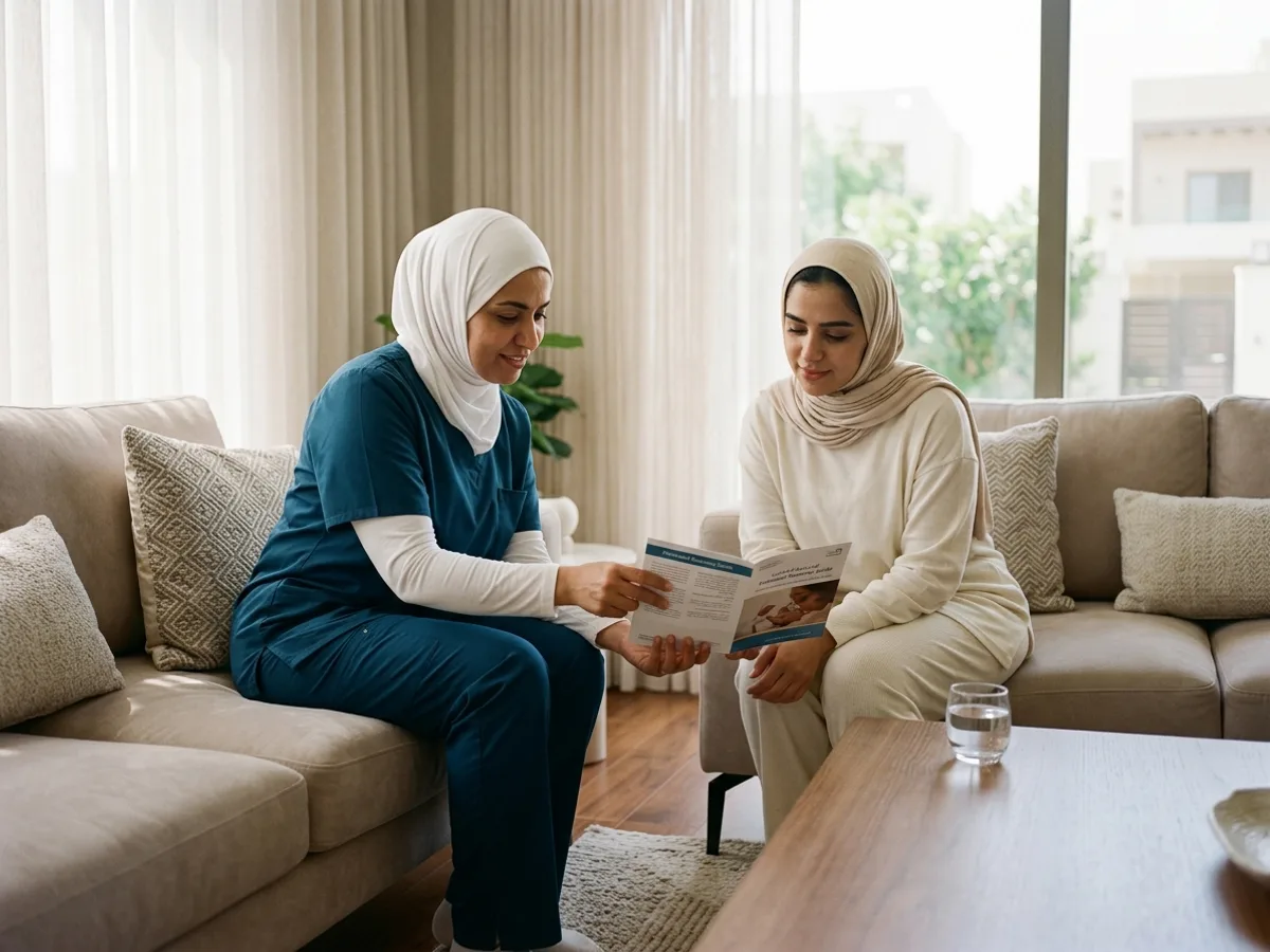 ممرضة منزلية تناقش خطة الرعاية الصحية لما بعد الولادة والعملية القيصرية مع سيدة كويتية بخصوصية تامة في منزلها — تمريض رعاية الأم بعد الولادة والعناية بحديثي الولادة بالمنزل في الكويت