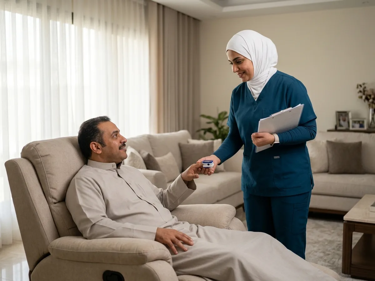 ممرضة منزلية تتابع خطة الخروج من المستشفى وتشبع الأكسجين لمريض في فترة النقاهة بعد الجراحة داخل منزله بالكويت — برنامج الرعاية الانتقالية للمرضى فور الخروج من المستشفى إلى المنزل في الكويت