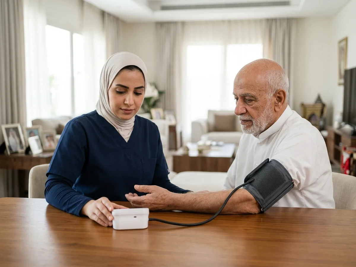 ممرض منزلي يقيس ضغط الدم والمؤشرات الحيوية لمريض باستخدام جهاز رقمي معاير ويوثق القراءة في سجل المتابعة السريري — الرعاية التمريضية والحركية المنزلية لمرضى الكلى والغسيل الكلوي في الكويت