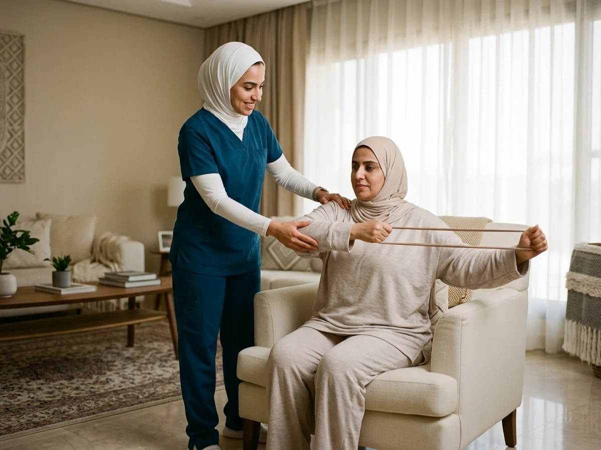 أخصائية علاج طبيعي تشرف على تمرين تقوية الكتف والطرف العلوي لمريضة بخصوصية تامة داخل منزلها في الكويت — العلاج الطبيعي الآمن لمرضى هشاشة العظام والوقاية من الكسور بالمنزل في الكويت