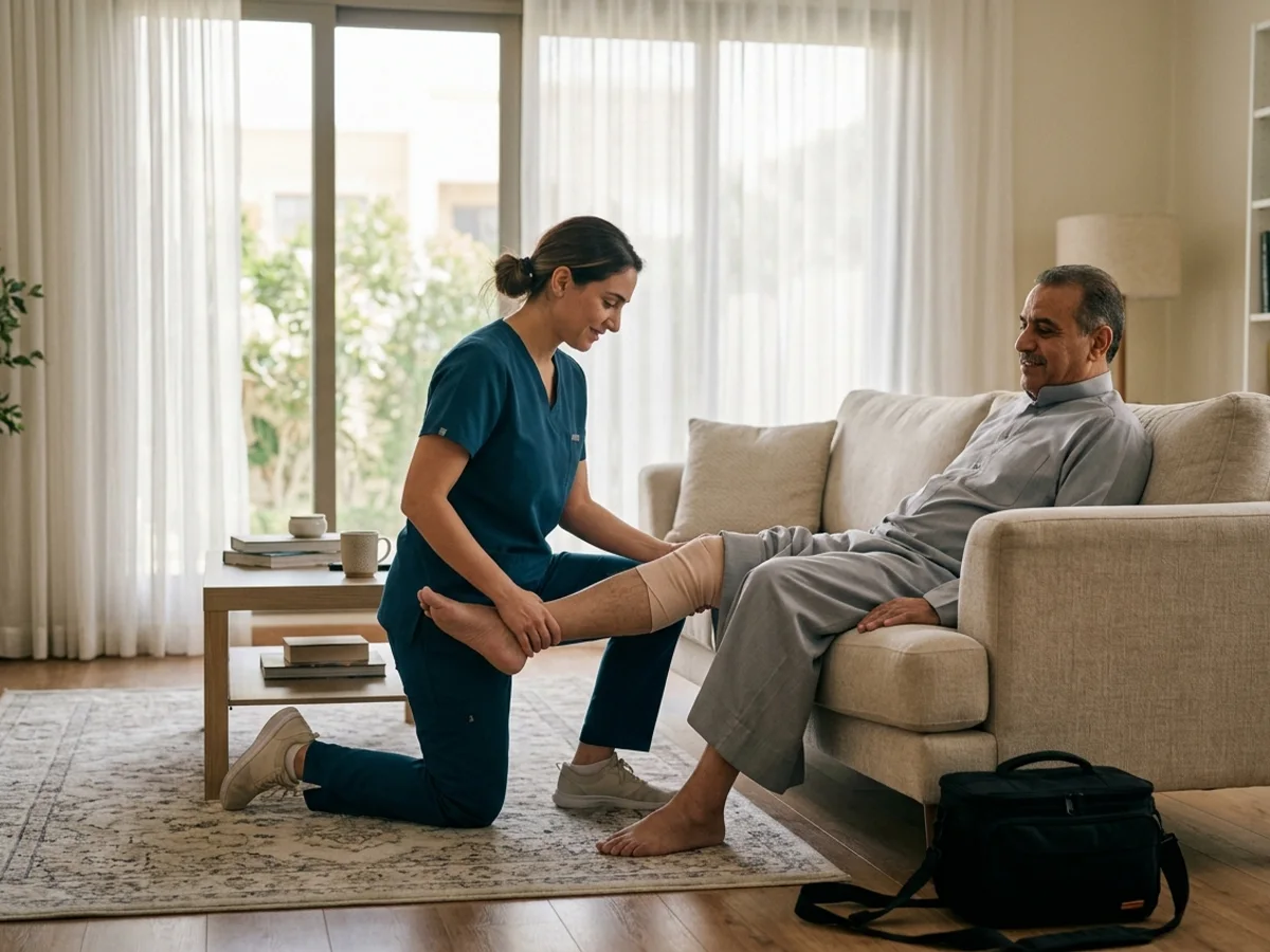 أخصائية علاج طبيعي تفحص مدى حركة الركبة لمريض يتعافى بعد عملية جراحية داخل غرفة معيشة منزلية في الكويت
