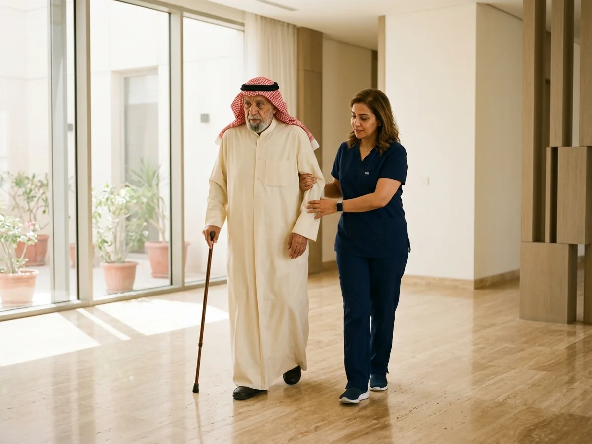 أخصائي علاج طبيعي يدرب رجلًا مسنًا على تصحيح القوام وتنسيق الخطوات والمشي المتوازن داخل ممر منزل في الكويت — برنامج اللياقة الحركية الوقائية والحفاظ على نشاط كبار السن بالمنزل في الكويت