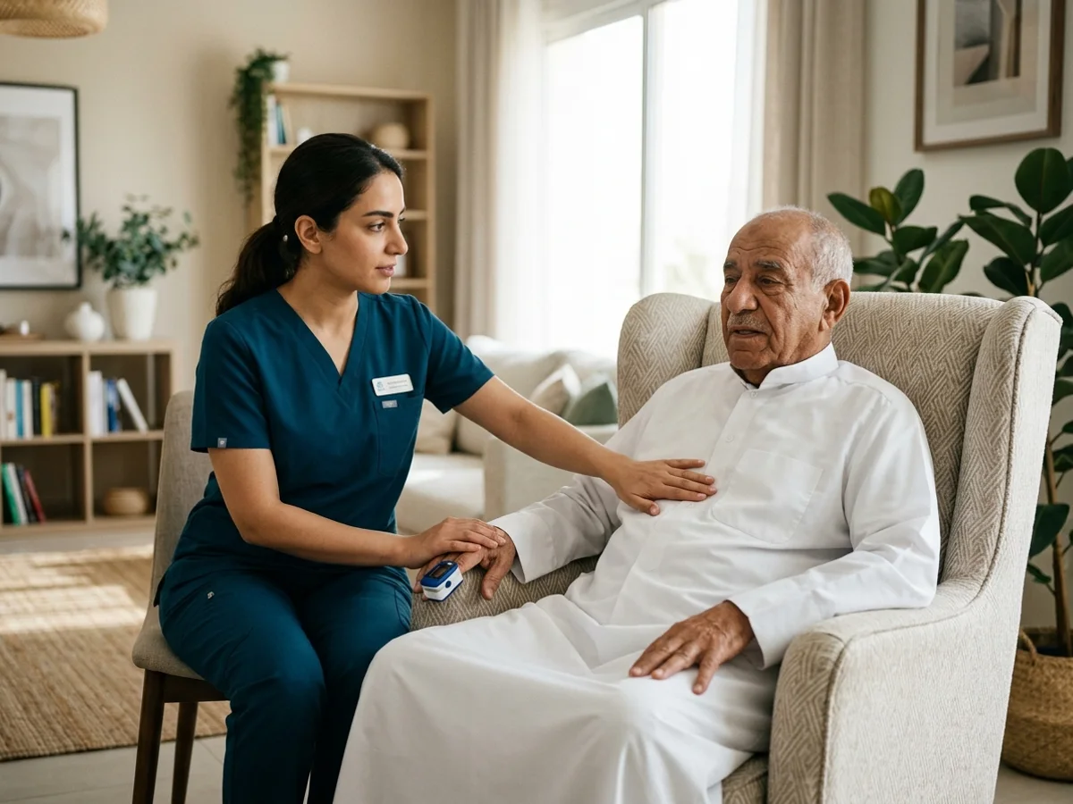 أخصائي علاج طبيعي يدرب مريضًا على تمارين التنفس الحجابي وتوسيع الصدر مع متابعة قياس الأكسجين في المنزل بالكويت — العلاج الطبيعي التنفسي وتأهيل الرئة والقلب بالمنزل في الكويت