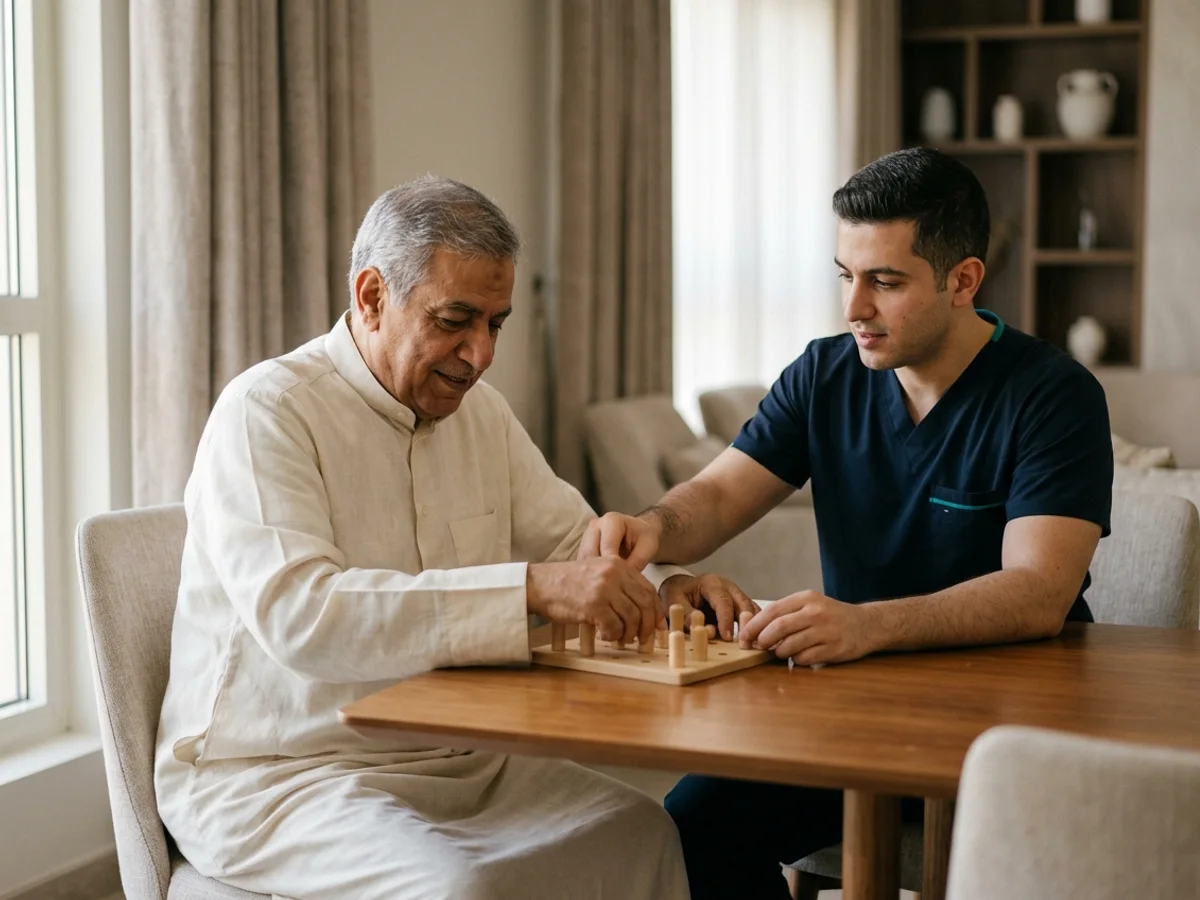 أخصائي علاج طبيعي يدرب مريضًا على تمارين التأهيل العصبي الوظيفي لليد والذراع داخل غرفة معيشة منزلية في الكويت — برنامج الرعاية والتأهيل المتكامل لناجي الجلطة الدماغية وأسرته في الكويت