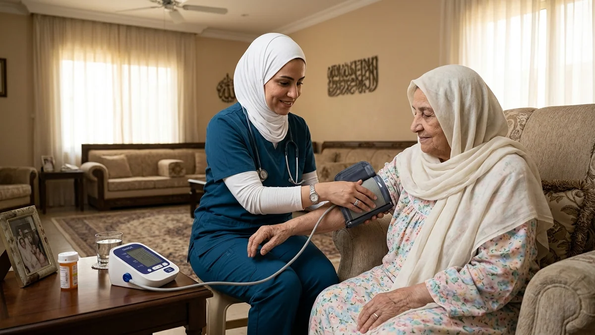 ممرضة رعاية منزلية تقيس ضغط الدم لسيدة مسنة في غرفة جلوس منزلية هادئة ومريحة في الكويت
